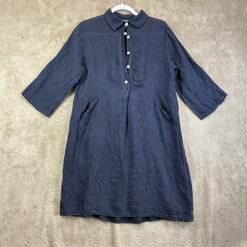 Elena Baldi Navy Linen Dress Sz M Popover‎ Tunic Pockets Lagenlook Italy EUC